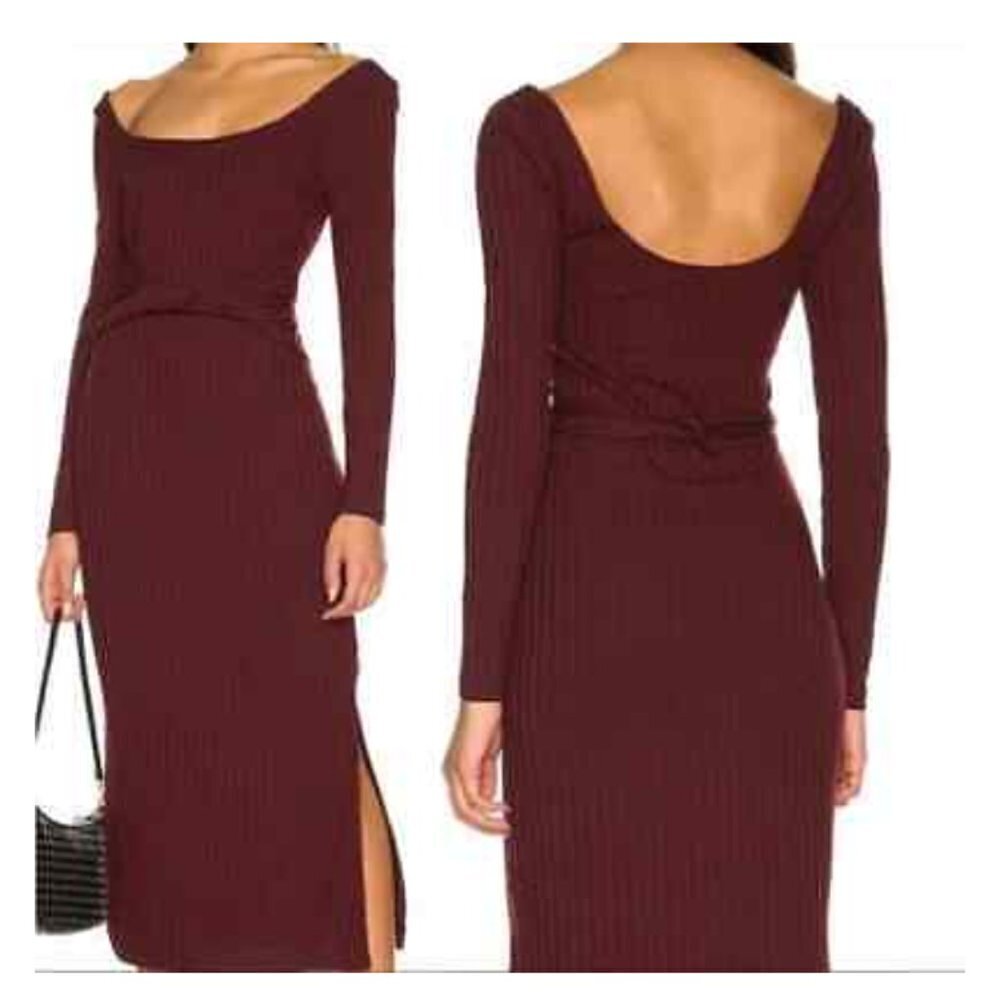 NWT MINKPINK Nora Ribbed Waist Tie Maroon Side Slit Midi Dress Size Medium